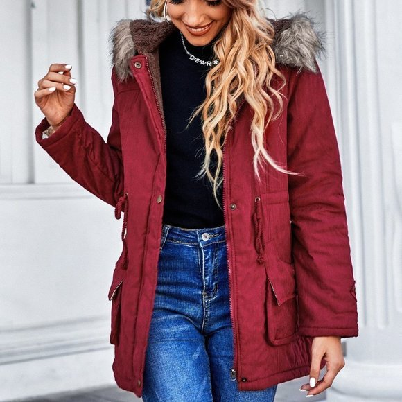 . Jackets & Blazers - Red Preppy Womens Fuzzy Trim Hooded Drawstring Waist Teddy Lined Parka Coat